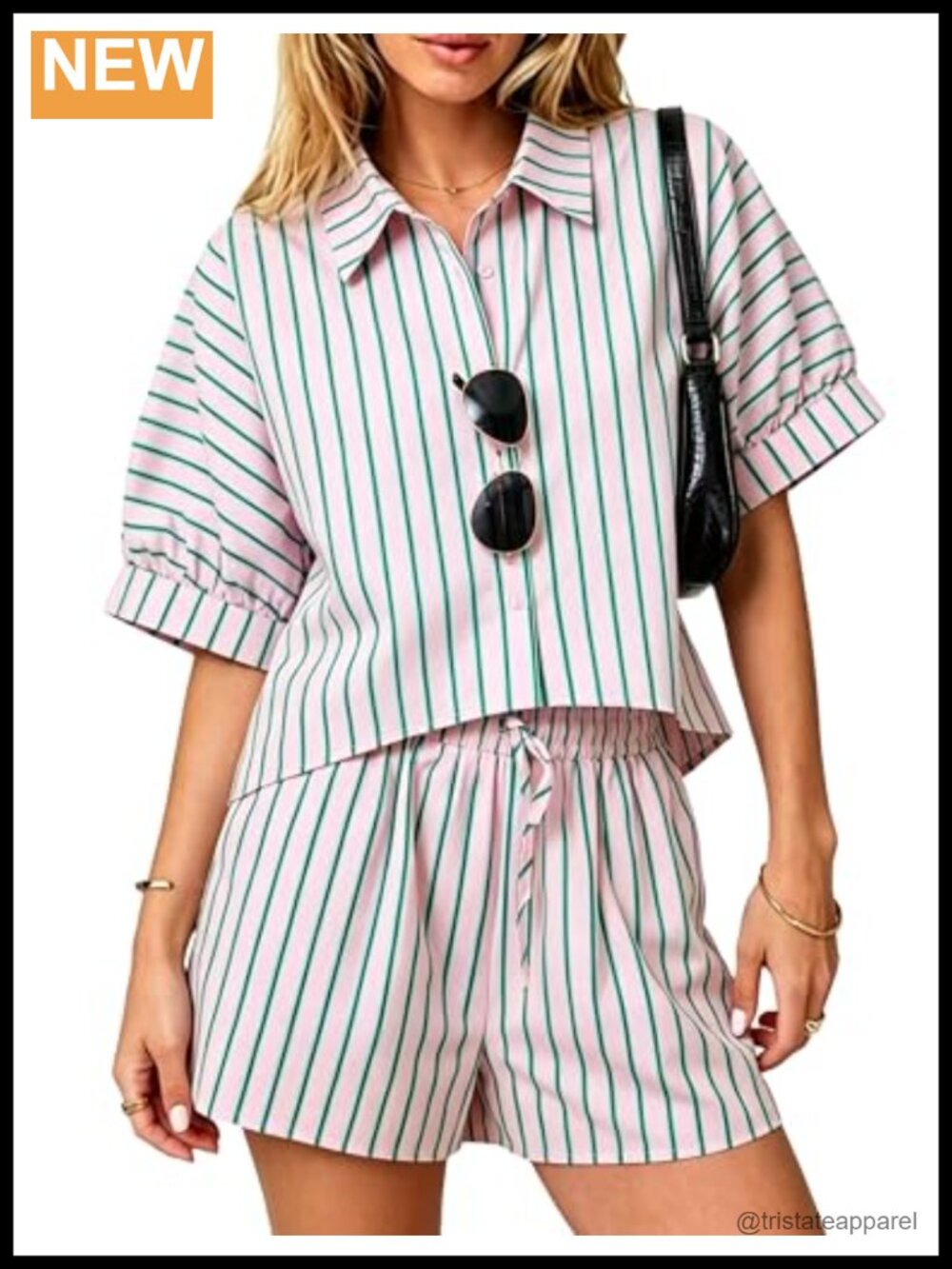 Women's 2-Piece Striped Lounge Set Short Sleeve Button Top Drawstring Shorts